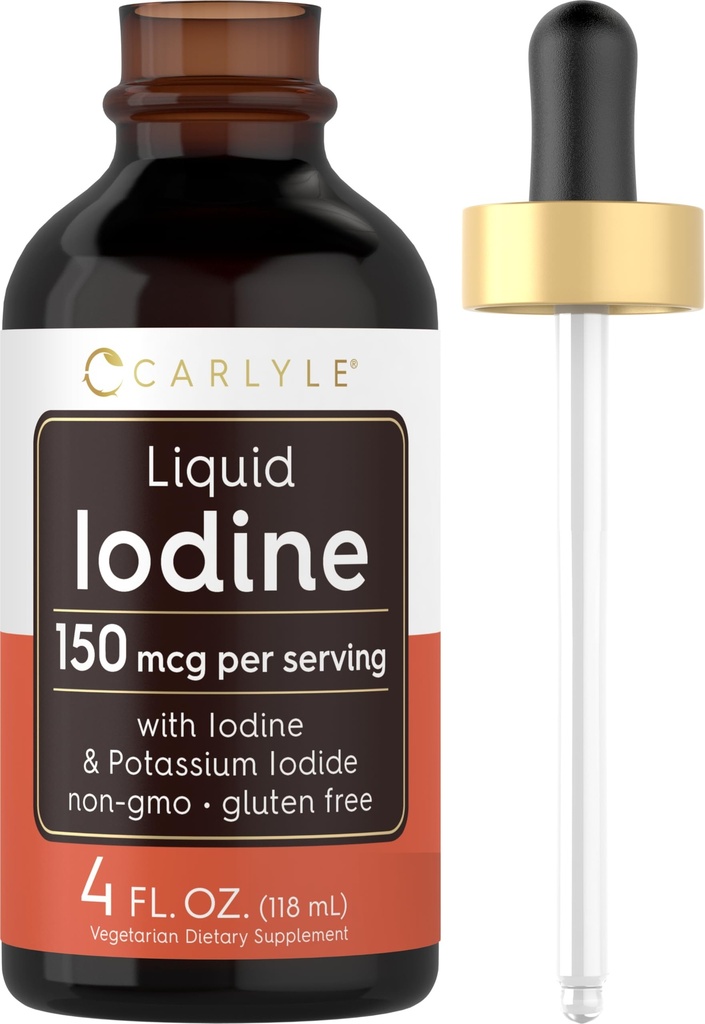 Carlyle Liquid Iodine Drops 4 fl oz, 150 mcg, Iodine et supplément d'iodure de potassium Teinture liquide végétarienne, sans OGM, sans gluten