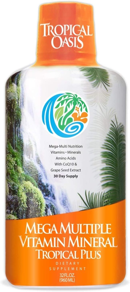 Oasis tropicale Mega Plus - Multivitamine liquide et supplément minéral – Comprend 85 vitamines et minéraux, 20 acides aminés + CoQ10, extrait de graines de raisin et Aloe Vera organique - 32oz, 32 portions, 33460