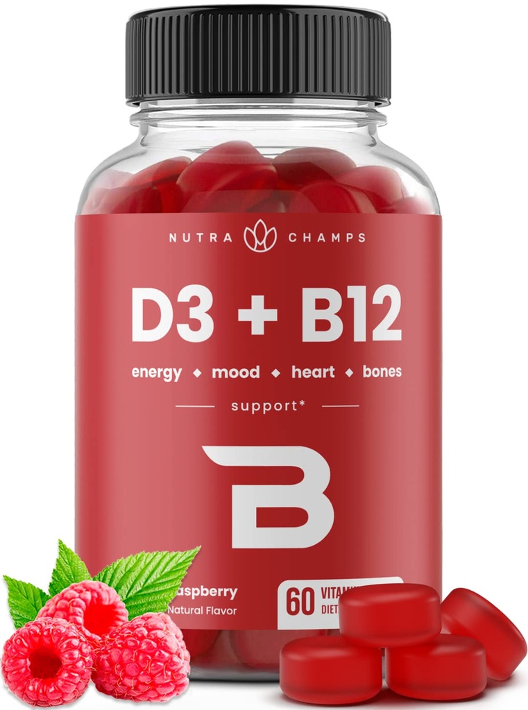 NutraChamps Vitamin D3 & B12, Methyl B12 Gummies für Erwachsene & Kinder, Verbessert mit Vitamin D 3 & B9 Vitamin Folat, Natürliche Energie, Stimmung, Stoffwechsel & Fokus, Himbeere, 60 Gummies