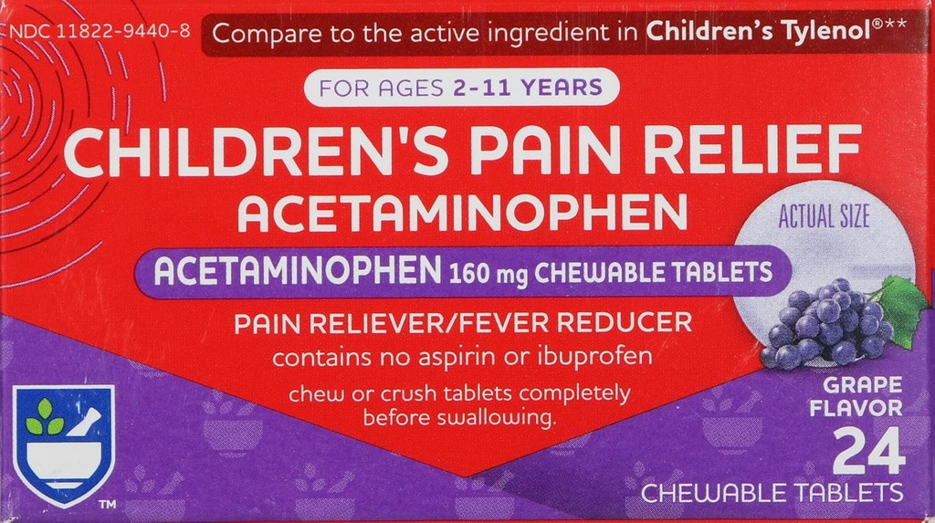 Rite Aid Kinder Schmerzlinderung Kaubare Trauben Tabletten, Acetaminophen, 160 mg - 24 Count | Schmerz & Fever Relief für Kinder Alter 2-11 Jahre | Alkoholfrei, Aspirinfrei, Ibuprofen-frei