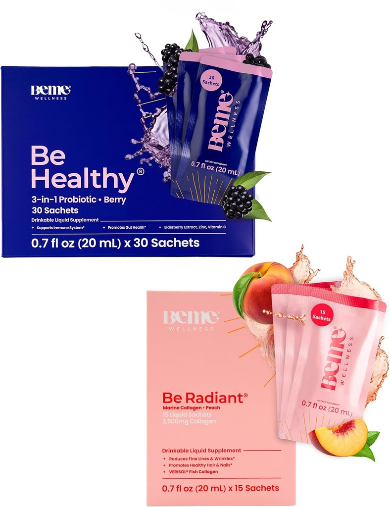 BeMe BeHealthy & BeRadiant Peach Bundle - Liquid Probiotics & Liquid Collagen Drink Supplementi