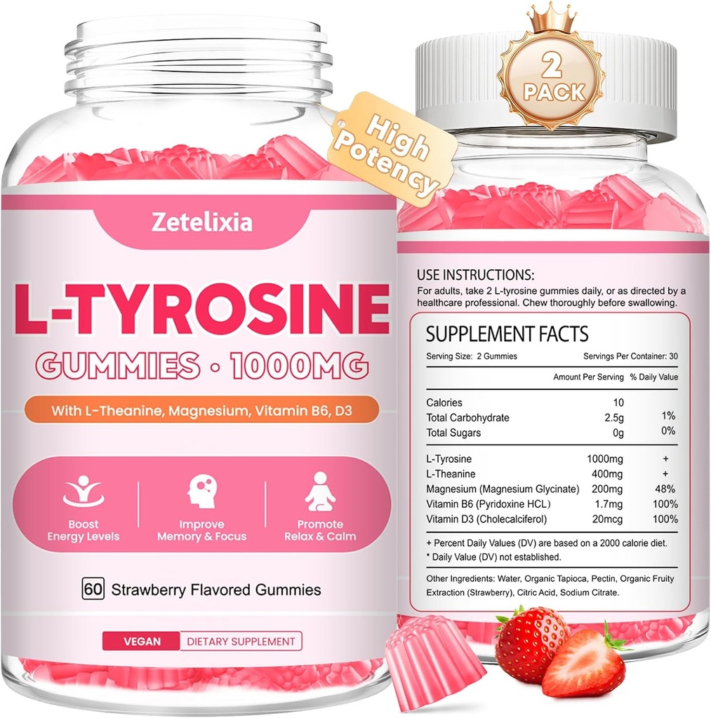 2 Pack L Tyrosine Gummies, L-Tyrosine Zusatzgummis, L-Theanine Gummies mit Vitamin B6 D3, Fokus Gummies Support Memory, Energie, Stimmung für Erwachsene & Kinder, Erdbeeren Flavor, 120 Count