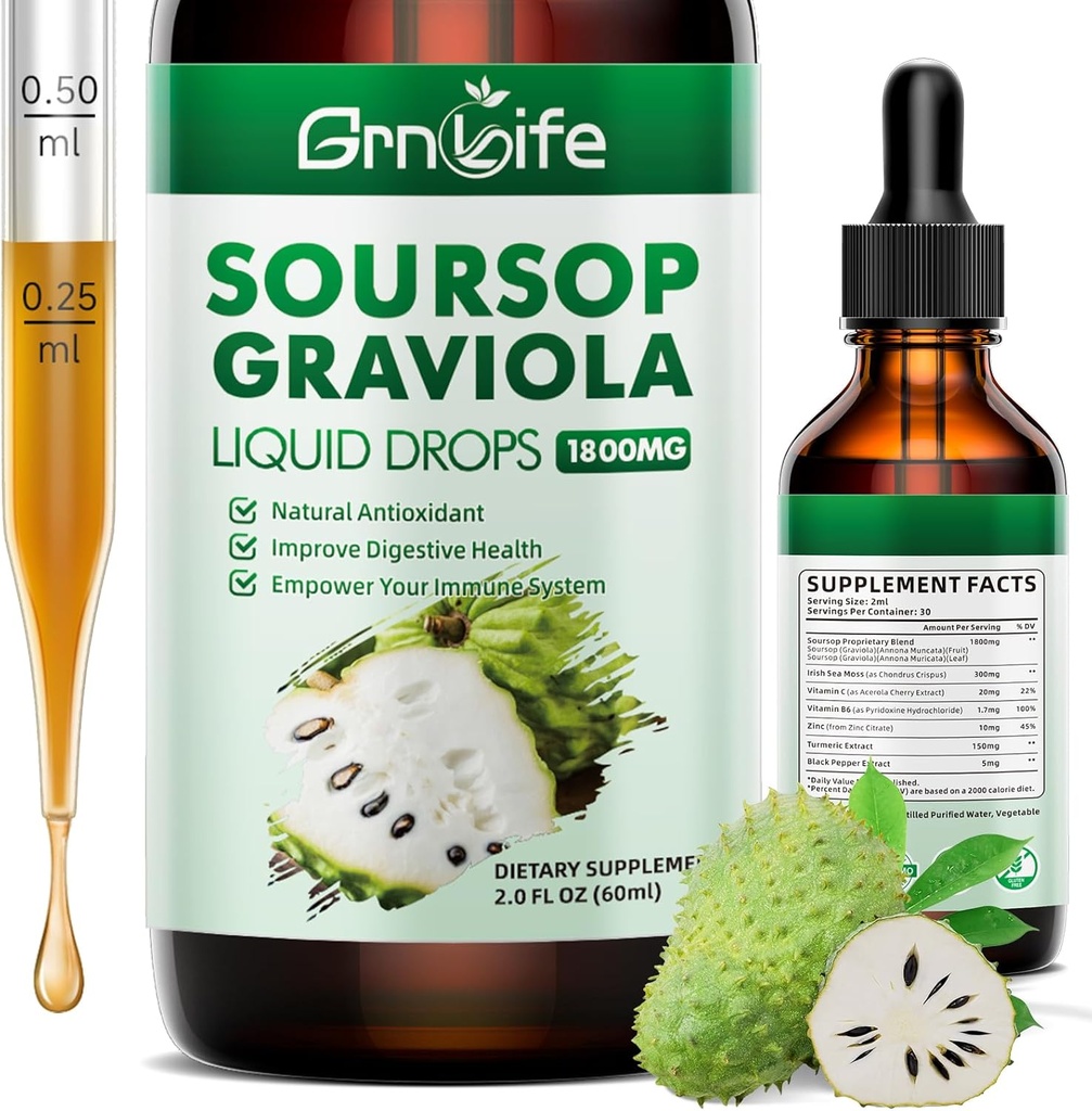 (1 Pack) Soursop Graviola Flüssigkeitstropfen mit Sea Moss & Turmeric, Soursop Bitters Flüssigkeit für Zellunterstützung & Regeneration, Antioxidans und Immun, 2 Fl/Oz
