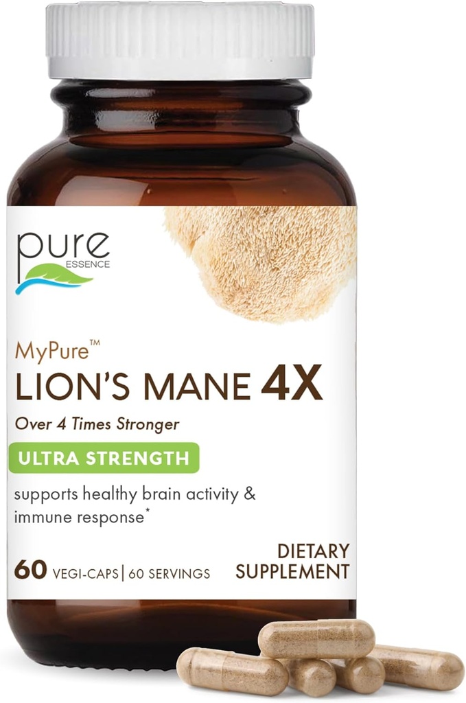 PURE ESSENCE LABS MyPure Lion's Mane 4X - Ultra Strength Brain Support Supplement con 6:1 Hot Water Extract & 10:1 Extract for Cognitive Health, Focus, Memory & Mental Clarity, 60 Capsule