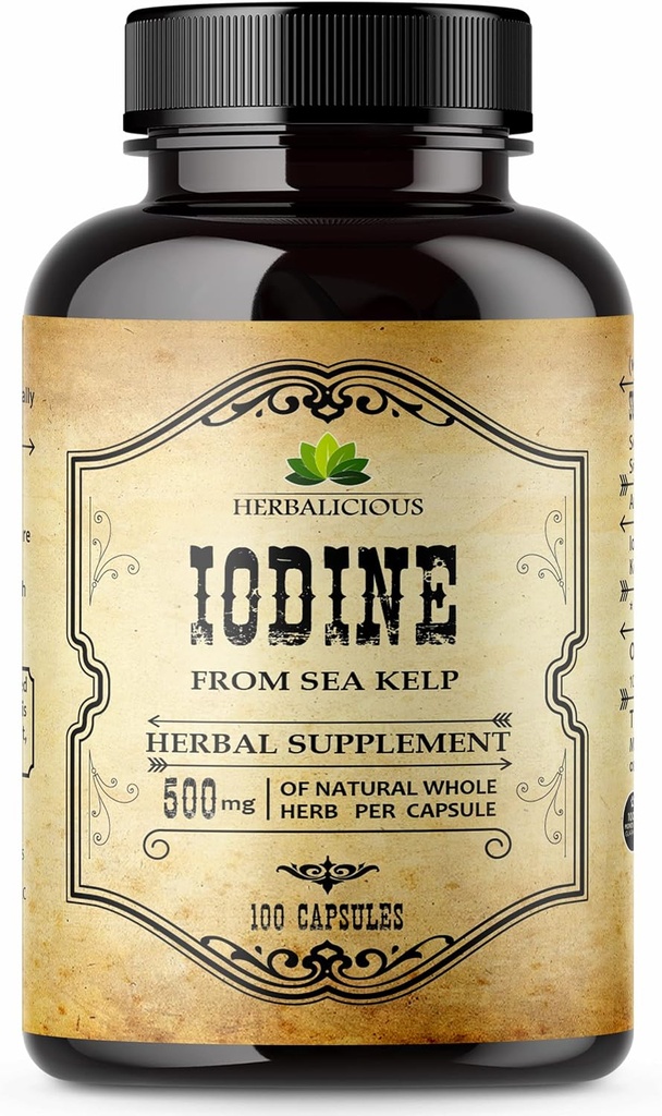 HERBALICIOUS Iodine Tablets – Iodio naturale da Sea Kelp – Integratore di supporto tiroideo per l'energia, la digestione, la salute del cervello e dell'osso – Non OGM, senza glutine – 100 capsule