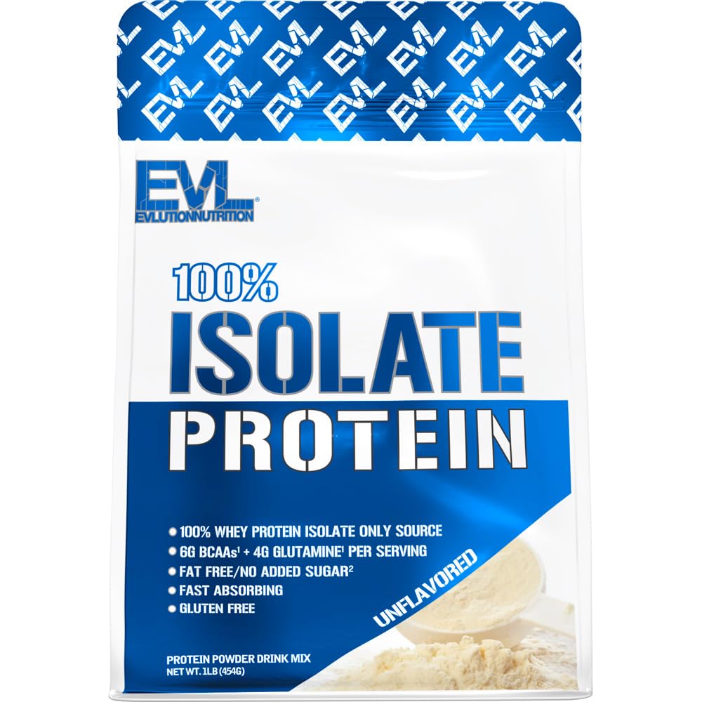 Evlution Nutrition 100% Isolate, Whey Isolate Protein Powder, 25 G di Fast Absorbing Protein, No Sugar Aggiunto, Low-Carb, Gluten-Free (Unflavored, 1 LB)