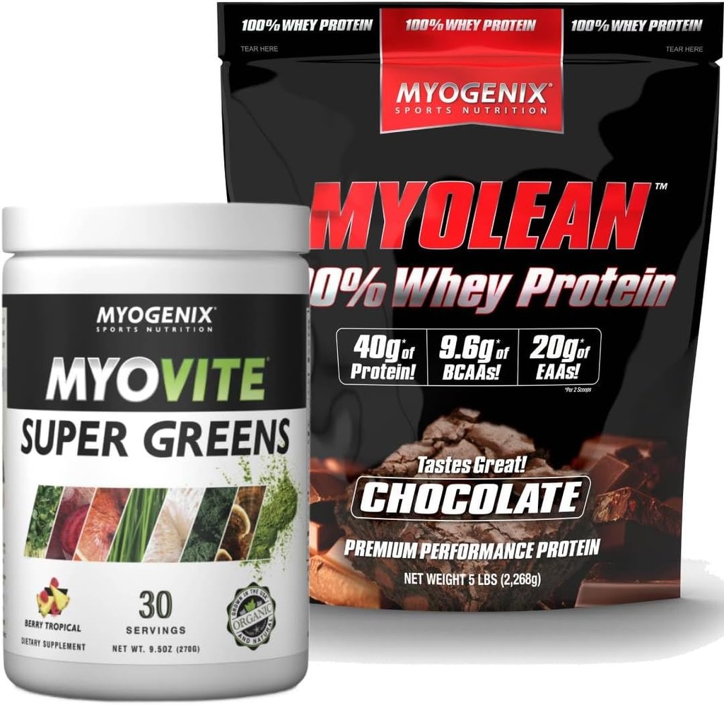 Myogenix Myovite Supergreens Powder & Myolean Chocolate Whey Protein Bundle – Verdauung, Immunität & 40g High-Protein Whey – Unterstützung Gut Gesundheit, Muskelwachstum & Erholung