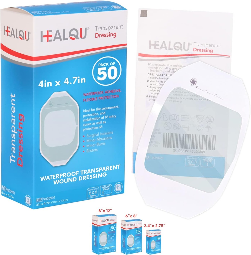 Transparent Film Dressing 4" x 4.75" (50 Pack) – Wasserdichte Klebebandagen für postchirurgische Dusche, IV Schild, Tattoo Aftercare, Klare Atmungsaktive Dressing Patches von HEALQU