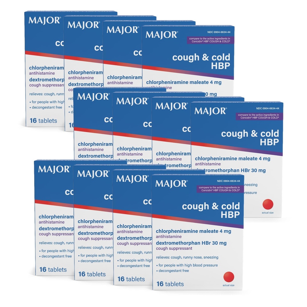MAJOR Cough and Cold HBP Tablets - Antihistamin und Cough Suppressant für Menschen mit hohem Blutdruck - Dextromethorphan HBr, Chlorpheniramin Maleate - 16 Count Pack (12)