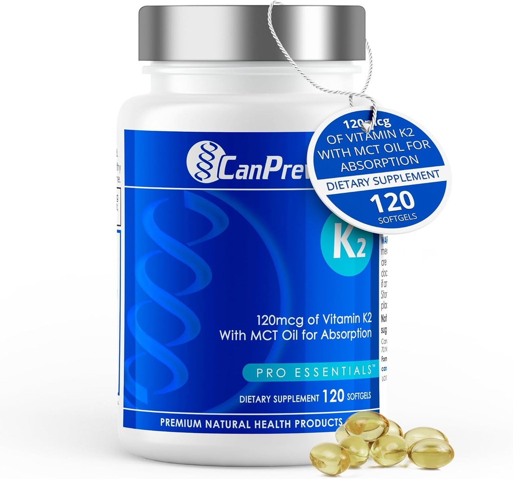CanPrev K2 120mcg con olio di cocco organico, 120 Softgels 120-Day Supply - Assorbimento potenziato per il sostegno ottimale di ossa e denti, alta potenza vitamina K2 per mantenere le ossa forti e denti
