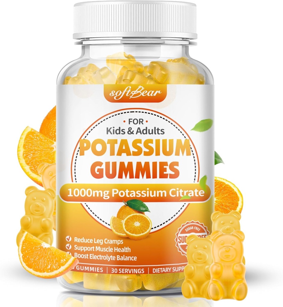 Softbear Potassium Citrate 1000mg, Sugar Free Potassium Gummis für Erwachsene unterstützen Leg Cramps & Muskel Gesundheit High Potency Potassium Supplement Gummis Orange Flavor 60 Count