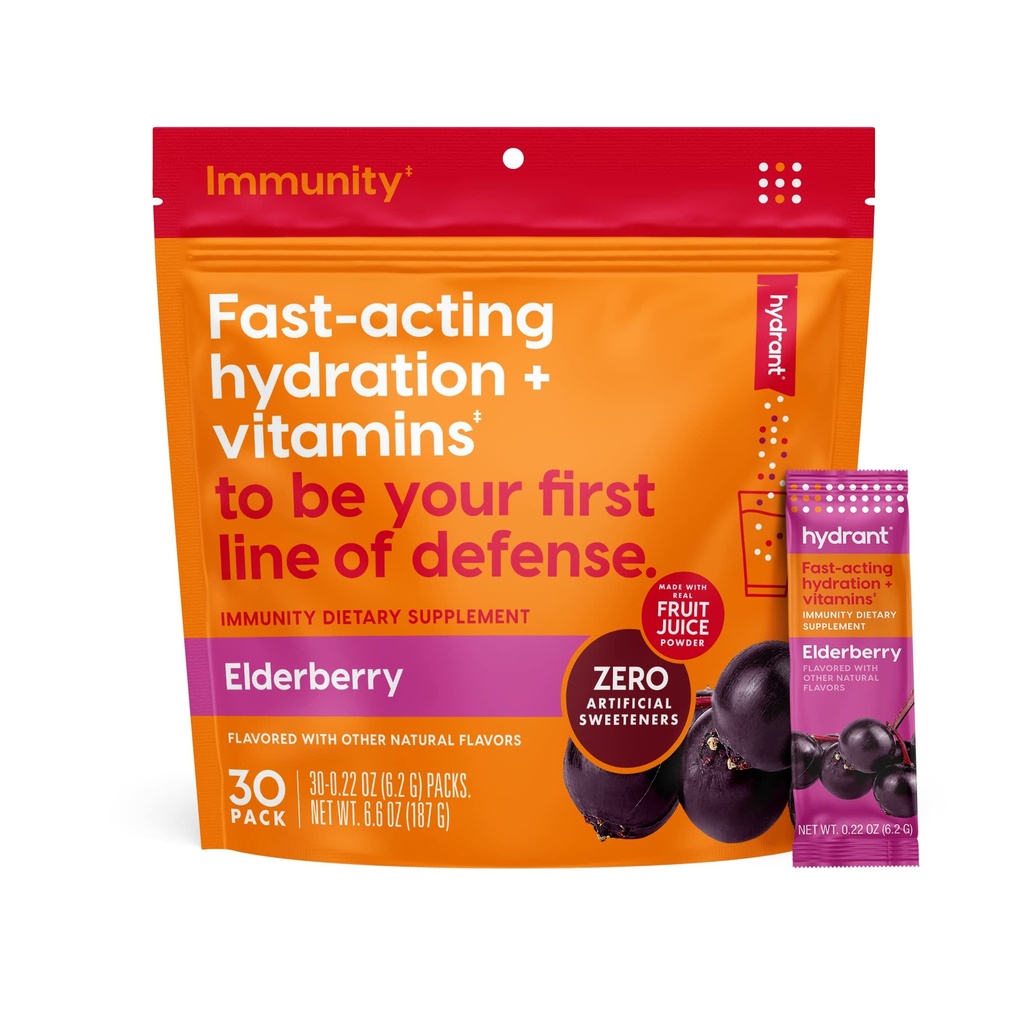 Hydrant - Immunität Elektrolytpulver, Elderberry Flavor, 30 Instant Rehydration Stick Packs - Elektroyte Mischung mit Vitamin C, Vitamin D und Zink für Immununterstützung