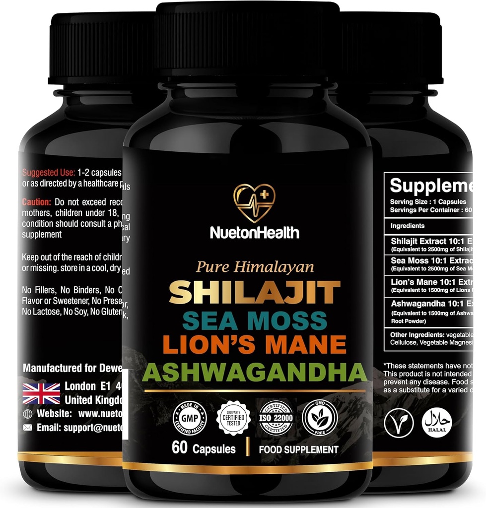 Shilajit, Sea Moss, Lion's Mane e Ashwagandha Capsules - Integratore Benessere All-in-One completo per Mente, Corpo e Vitalità - 60 Capsule Vegan