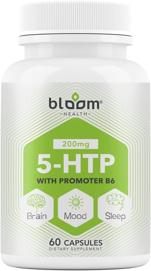 5 HTP 200mg supplemento, vitamina B6 sonno naturale, concentrazione, mood Enhancer- 4 in 1 Formula Vegan Gluten, grano, lattosio, capsule senza soia - 60 conte