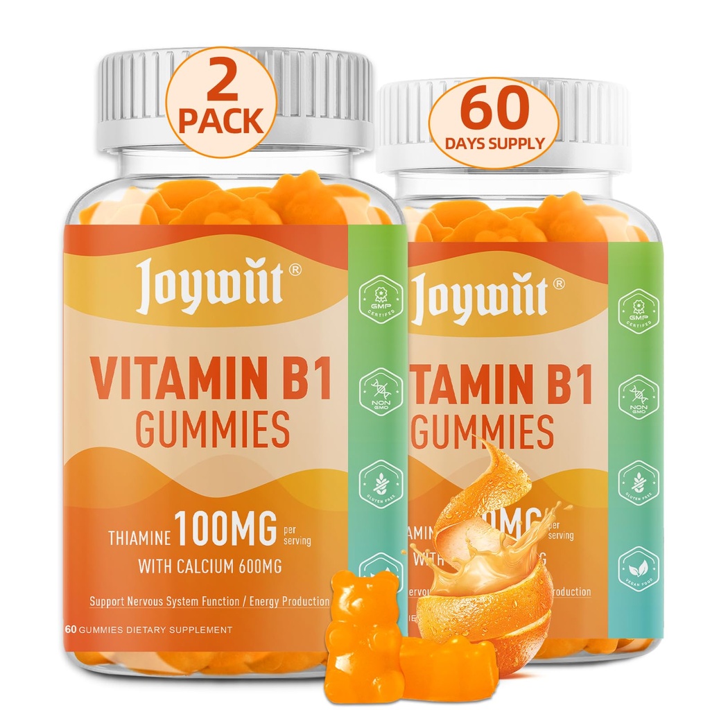 Vitamin B1 Gummi 100mg für Erwachsene & Kinder, Thiamine B1 Ergänzung mit 600mg Calcium, Nervous System unterstützt & Boost Energy, Orange Flavor, Non GMO, Vegan, 120 Kaugummis