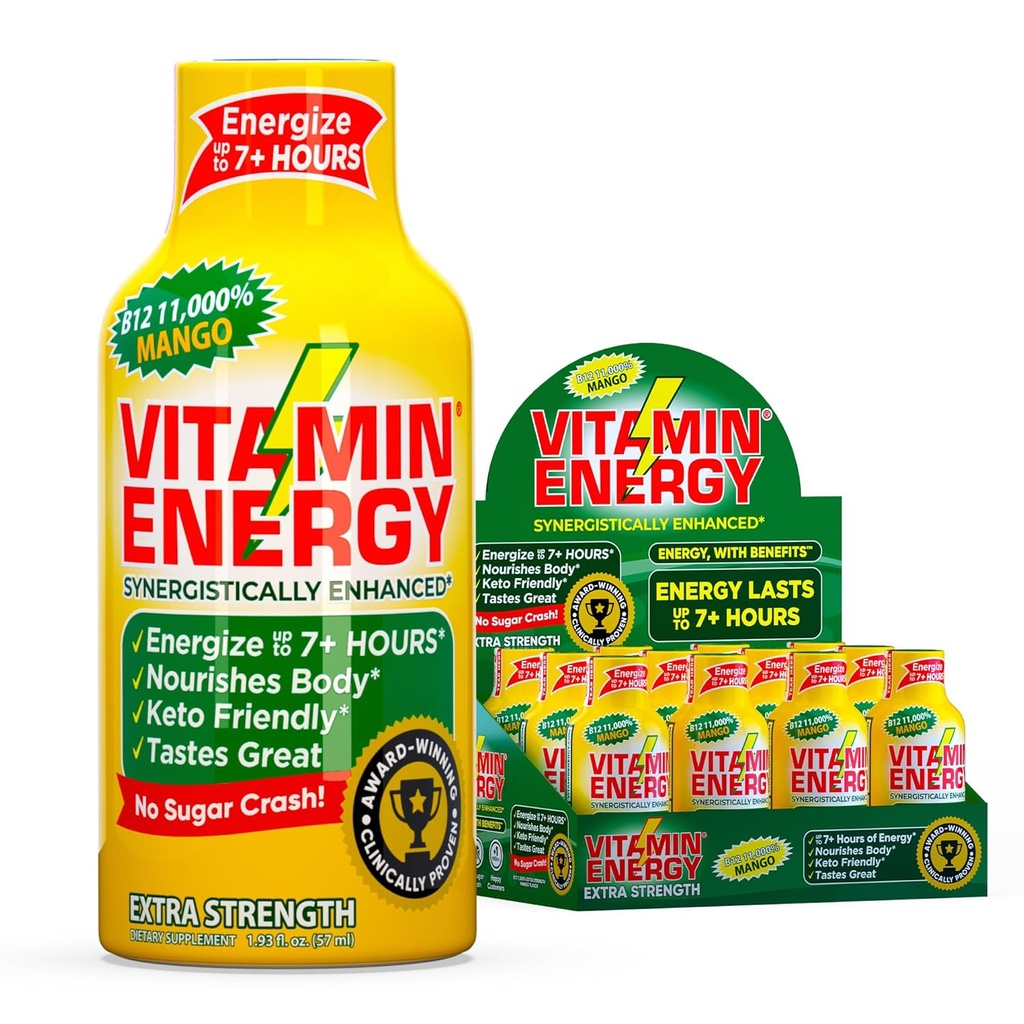 Vitamin Energy B12 11,000% Extra Strength Energy Shot Mango 12 Pack, 260mg Natural Caffeine, B12 & B6, Nootropic Focus, Vitality, Zero Sugar, Gluten-Free, Vegan, Kosher, 1.93 fl oz