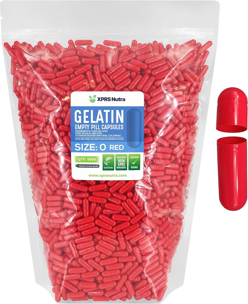 XPRS Nutra Größe 0 Leere Kapseln - 5000 Graf Leere Gelatine Kapseln - Pille DIY Kapselfüllung - Pure Bovine Pillen Gel Kapseln für Do-It-Yourself Ergänzungen (Red)