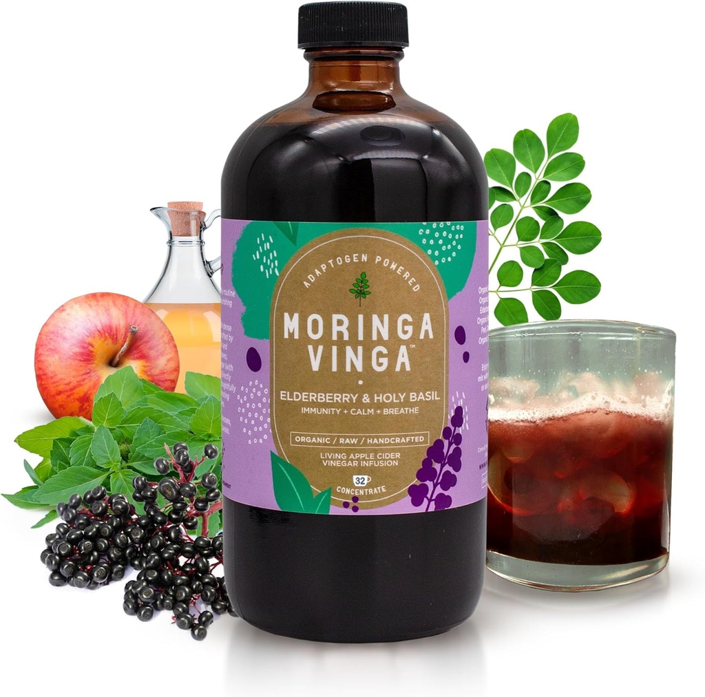VINGA Bio Elderberry & Holy Basil Moringa Infusion – Tonique à base de plantes quotidiennes avec vinaigre de cidre de pomme, gingembre, Hibiscus, Honey.