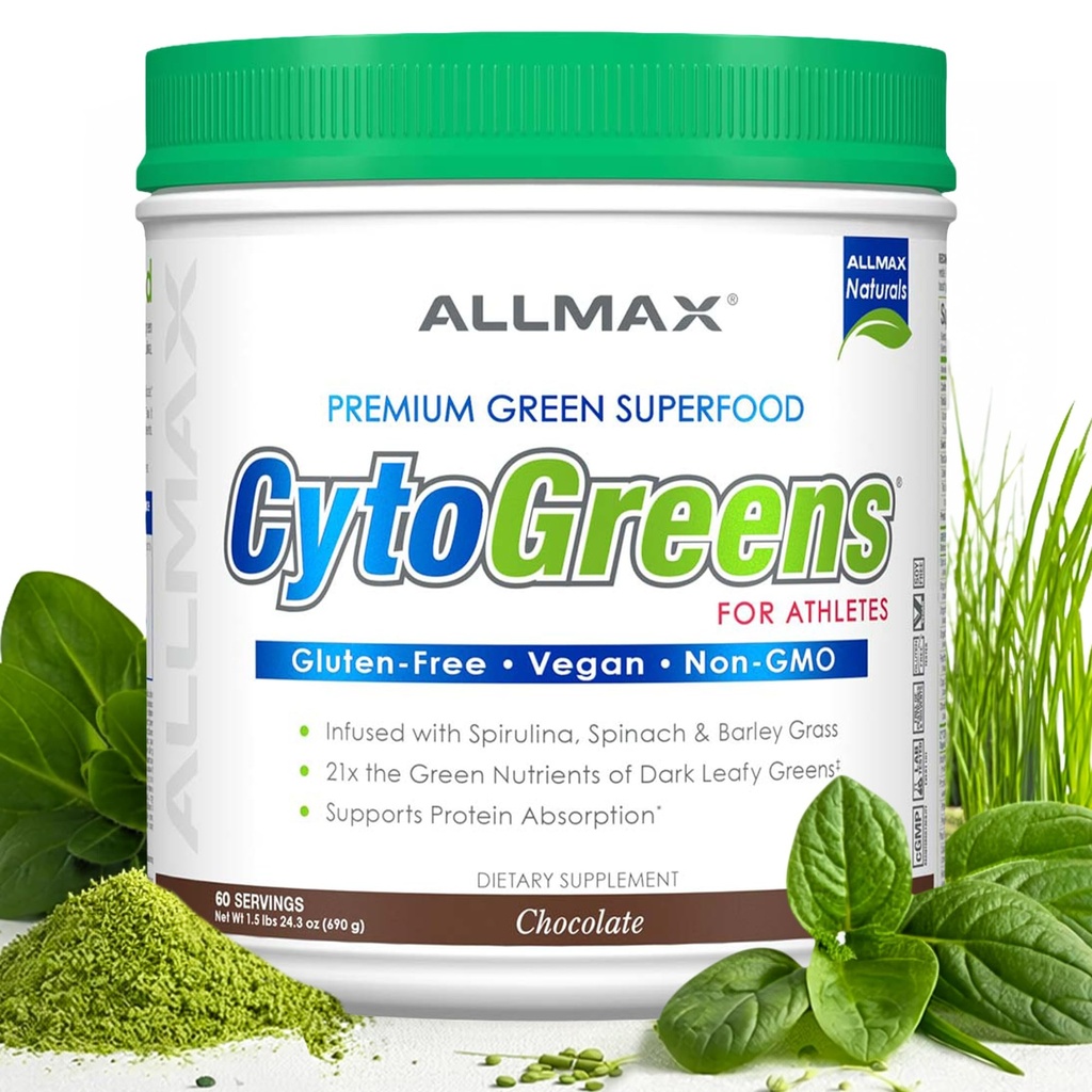 ALLMAX CYTOGREENS, Schokolade - 1,5 lbs - Unterstützt Leistung, Erholung & Energie - mit Spirulina, Chlorella, Spinat, Gerste Grass & Grüner Tee - 60 Servietten