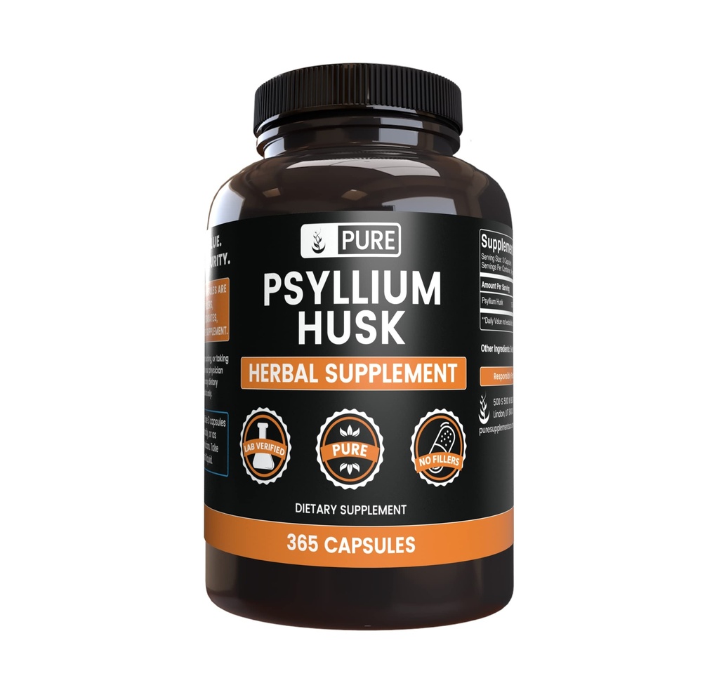 PURE ORIGINAL INGRÉDIENTS Psyllium Husk (365 Capsules) Pas de Magnésium ou de Rice Fillers, Toujours Pure, Verified Lab