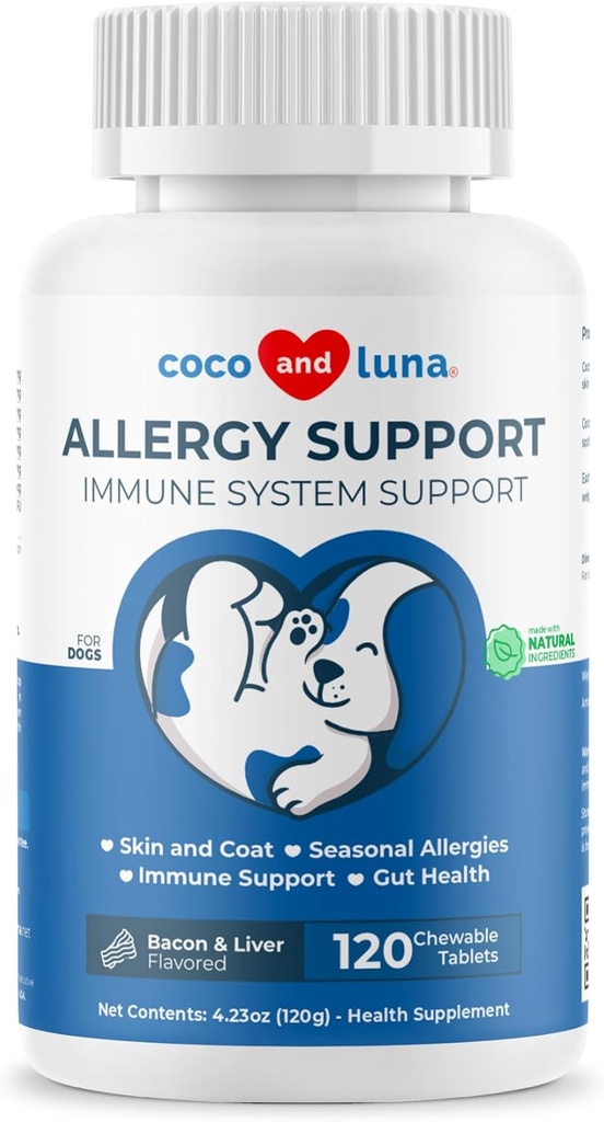 Soutien à l'allergie pour les chiens - 120 comprimés à croquer - avec vitamine C, oméga 3 et colostrum - Démangeaison, soulagement à l'allergie pour les chiens, sother cutanée - avec probiotiques pour la santé du système immunitaire