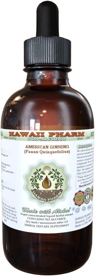 American Ginseng Alcohol-Free Liquid Extract, Ginseng (Panax Quinquefolius) Dried Root Glycerite Hawaii Pharm Natural Herbal Supplement 4 oz
