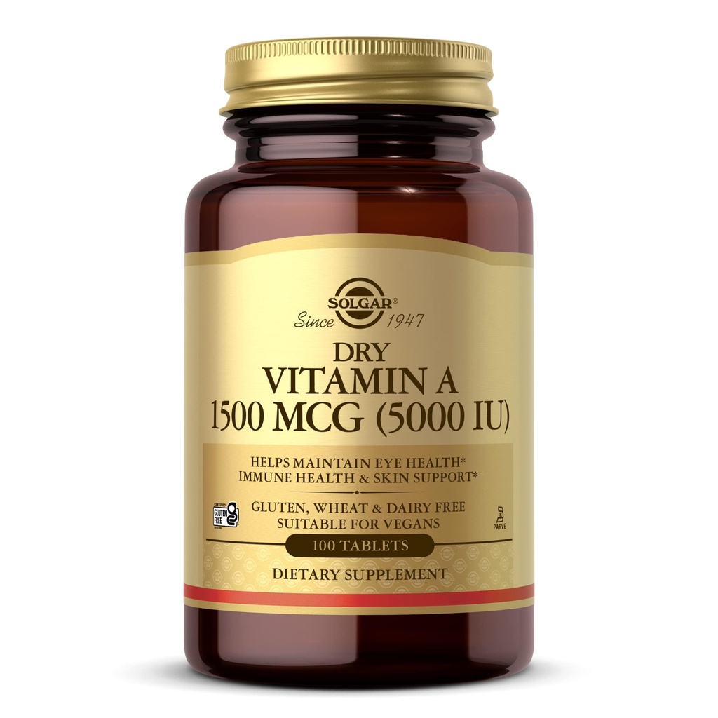 Solgar Dry Vitamin A 1500 mcg (5000 IU), 100 compresse - Supporta occhi sani, Skin & Immune System - Non OGM, Vegan, Gluten Free, Dairy Free, Kosher - 100 Serve