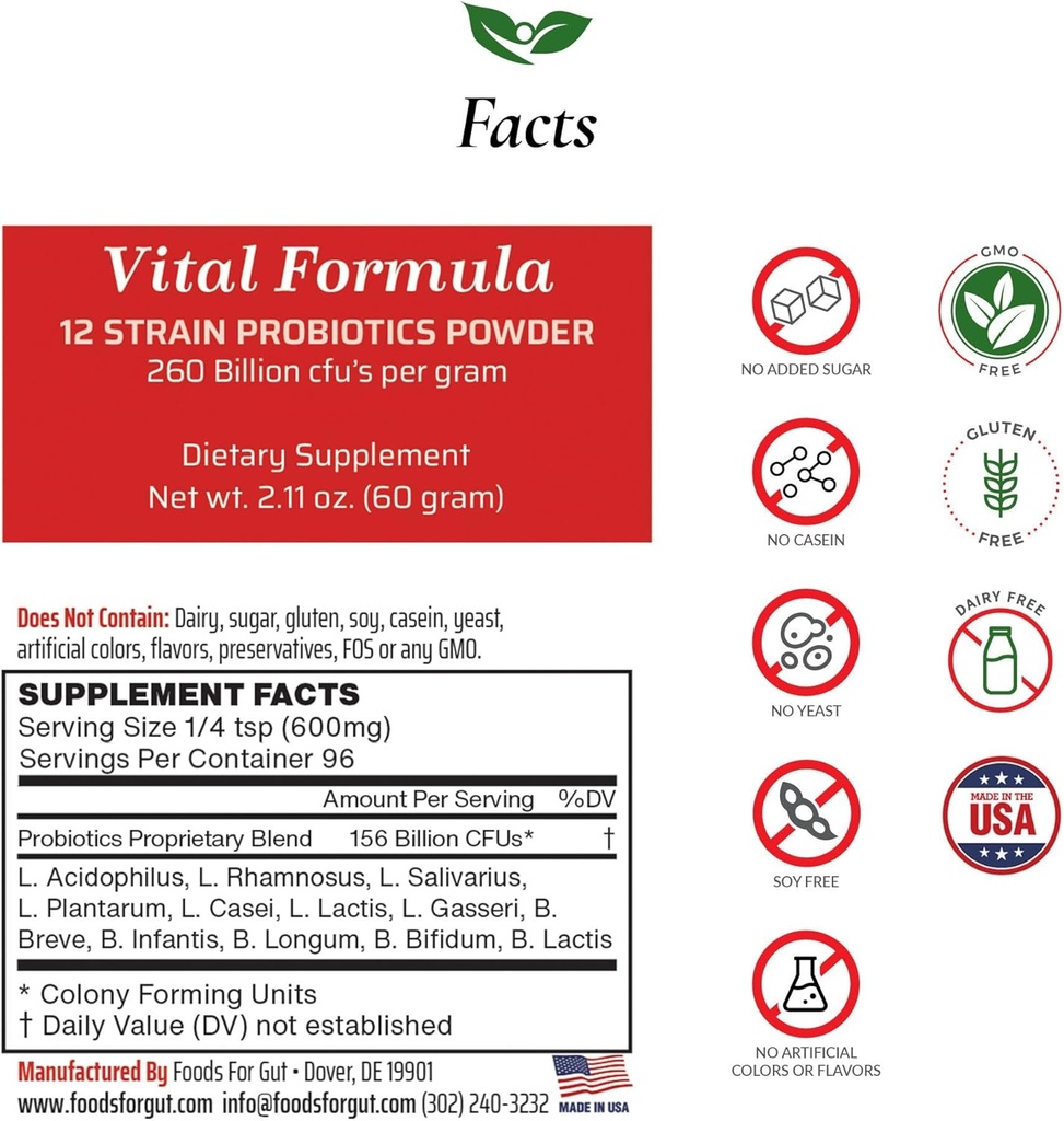 Lebensmittel für Gut Vital Formel 12 Strain Probiotics Pulver 260 Billion CFU | Made in USA | Direct from Manufacturer | No Third-Party Storage | Immununterstützung | 60 Gramm (2.11 Oz)