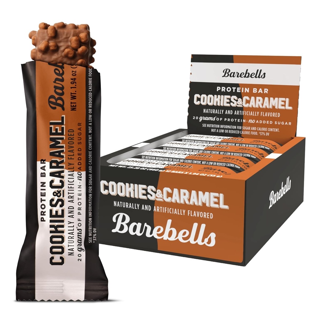 Barebells Protein Bars Cookies and Caramel - 12 Count, 20g High Protein Treats - Chocolate Nutrition Bar with 1g Total Sugars - On-The-Go Breakfast or Post-Workout Snack