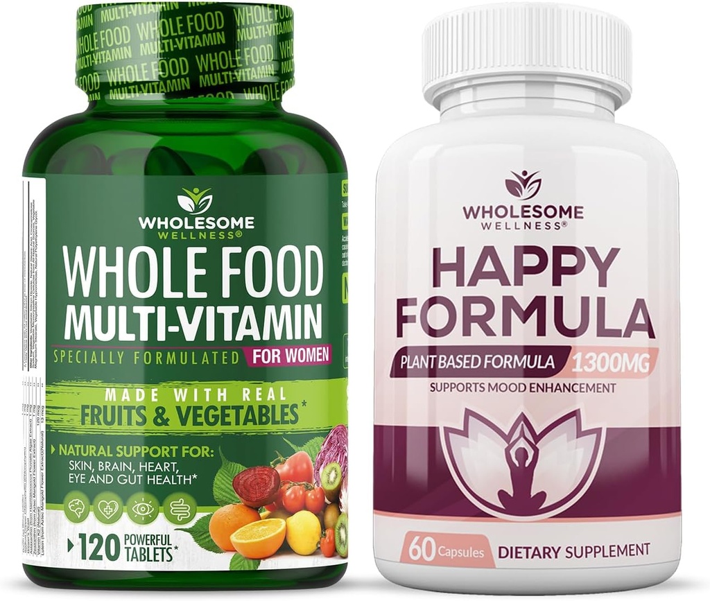 Bien-être sain Multivitamine d'aliments entiers pour les femmes - Multivitamines naturelles, minéraux, extraits biologiques Happy Formula Natural Formula Relief Supplement Bundle