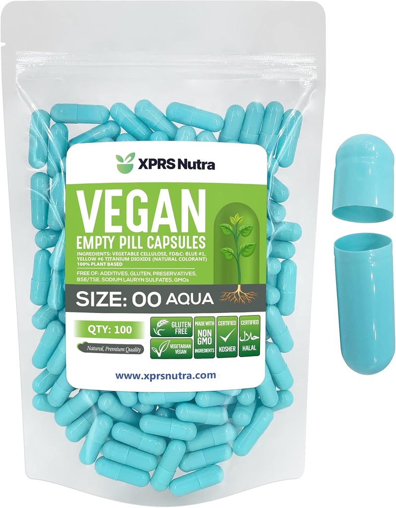 XPRS Nutra Size 00 Empty Capsule - 100 Count Empty Vegan Capsule - Pillole Vuoto Vegetariano - DIY Capsule Verdura Filling- Veggie Pill Caps (Aqua)