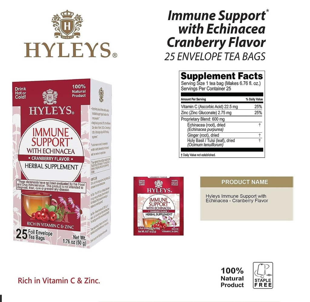 HYLEYS Immunity Tea with Echinacea Cranberry Flavor - 25 Tea Bags (1 pacchetto) - Supporta il tuo sistema immunitario