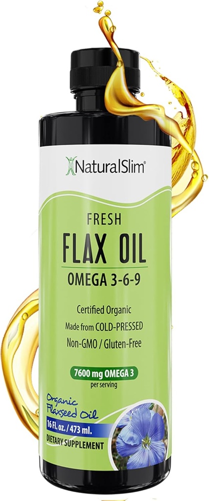 NaturalSlim Flaxseed Öl Flüssigkeit Frisch Geschmack Flax Öl Bio kalt gepresst &amp; hoch in Omega 3 6 9 Fatty Acid Flax Seed Supplement für gesunde Zellen, Haar, Haut, & Nägel - Frischer Geschmack 16 fl. Oz.