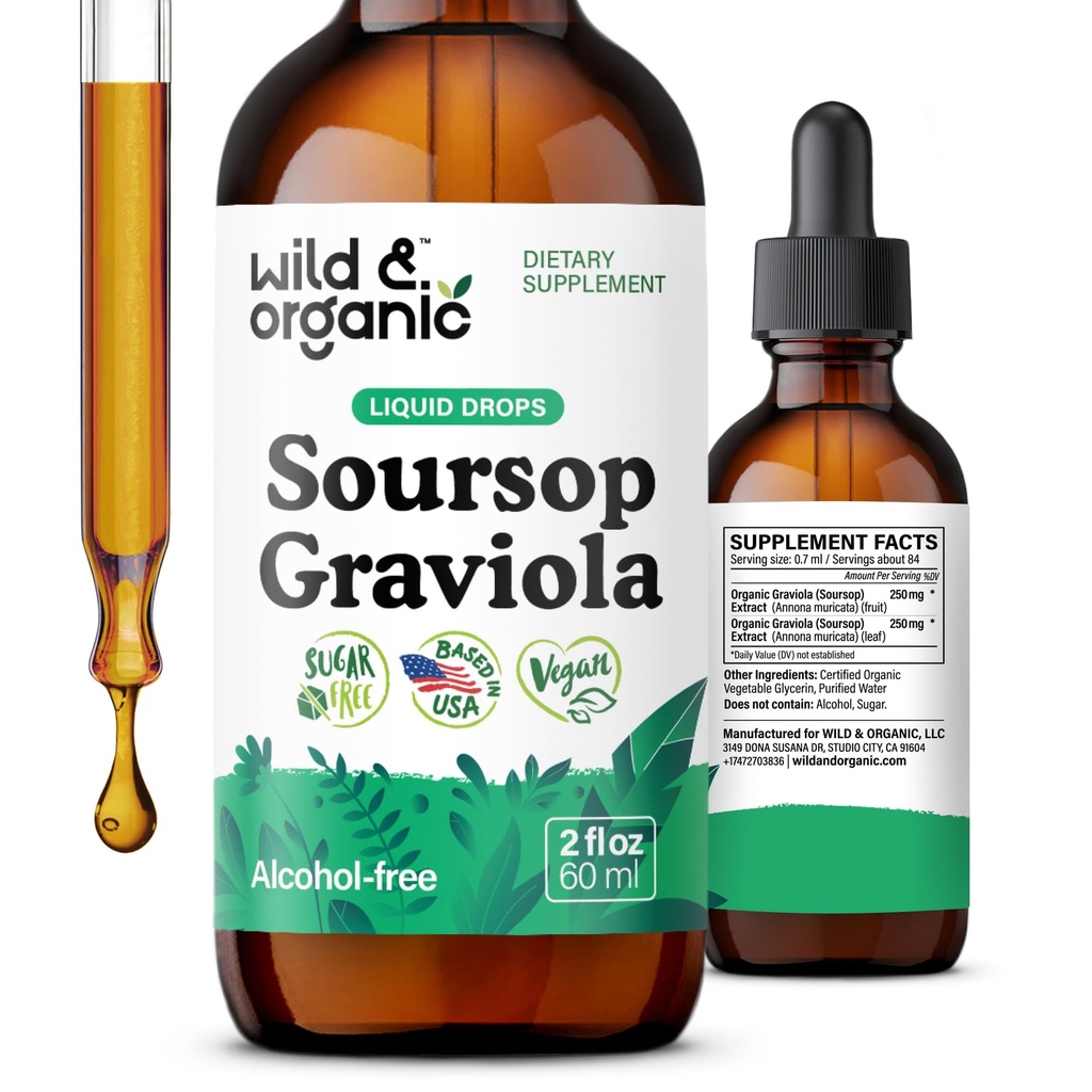 Bouchées liquides de sourcils sauvages et biologiques Graviola - Feuilles de guanabana et teinture de fruits de sourcils pour le soutien antioxydant - Supplément d'extrait de feuille de graviola - végétalien, sans sucre et sans alcool - 2 fl oz