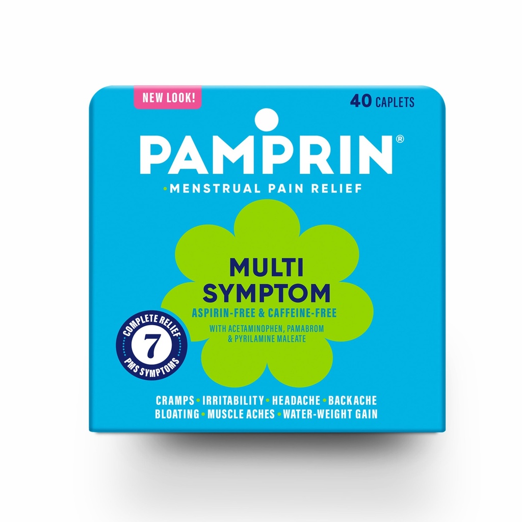 Formule multisymptômes de la pamprine, avec acétaminophène, soulagement des symptômes de la période menstruelle incluant crampes, douleur, ballonnement et irritabilité 40 Caplets