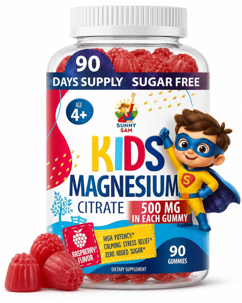 Sugar-Free Magnesium Gummies for Kids & Teens – 500mg Magnesium Citrate – Chewable Supplement for Calm, Mood & Nighttime Wind-Down – 90-Day Supply