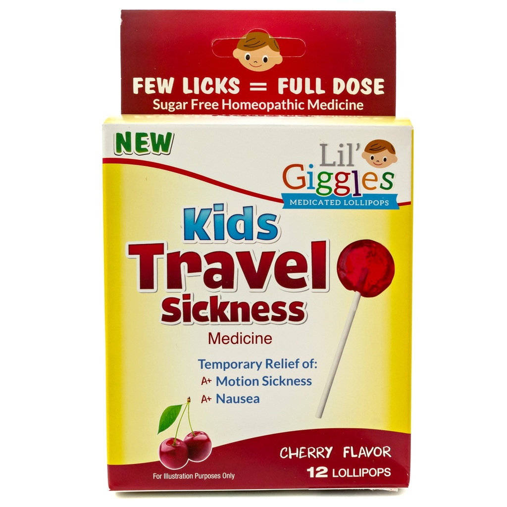 Lil' Giggles Kids Medicated Lollipops - Sweet Gentle Relief für Kinder & Non-Drowsy - für Auto-Krankheit, Reise Übelkeit & Bewegung Krankheit Relief - Homeopathic Remedy Kinderliebe - Cherry Flavor 12 CT