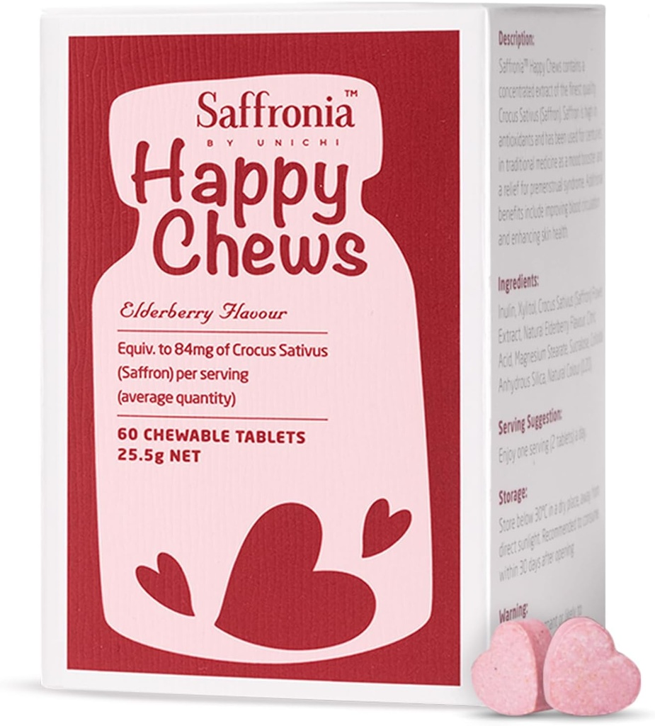 Unichi Saffronia Happy Chews, Saffron Supplemento per il supporto del bilanciamento del mood e la riduzione dello stress, Sapore di sambuco, 60 compresse