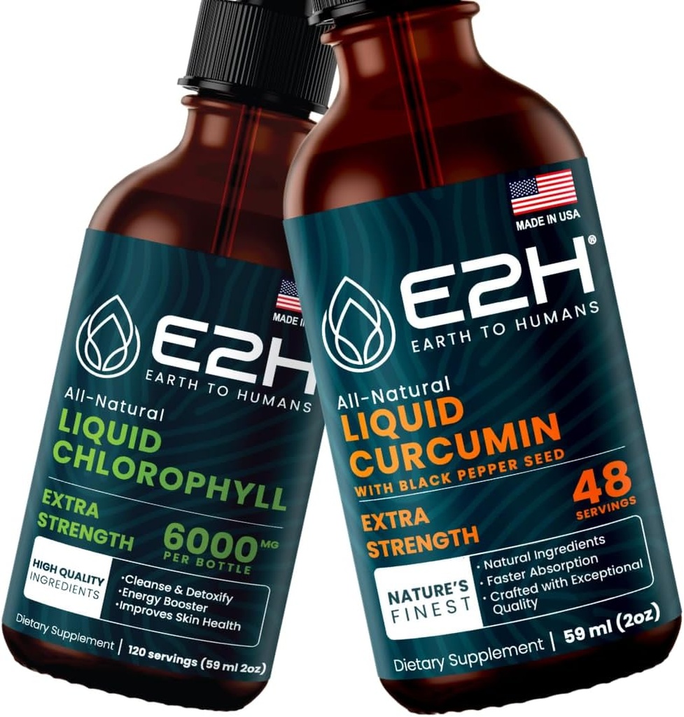 E2H: Flüssiges Chlorophyll und flüssiges Kurkuma | Vegan, Non-GMO - 2 Fl Oz Jeder (4 Fl Oz Gesamt) - Bundle