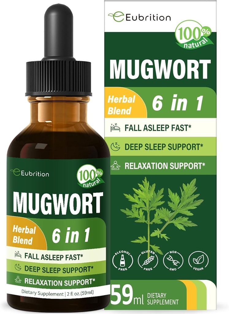 Mugwort Kräuterflüssigkeit Tropfen für Schlafunterstützung, Mugwort Blätter(Artemisia vulgaris) Alle in 1 Formel für Entspannungsunterstützung, Kräuterergänzung mit Valerian Chamomile Tulsi Lavender Extract.2oz