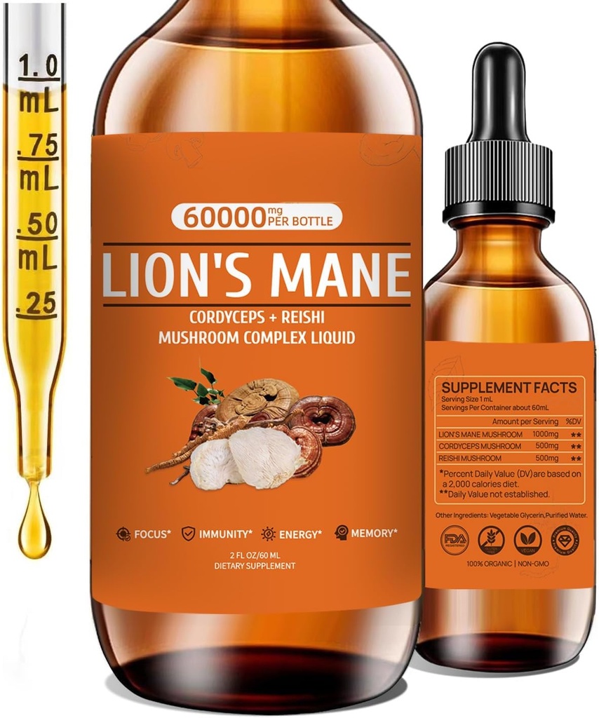 Lions Mane Mushroom Supplement für Memory, Focus & Clarity, Mushroom Supplement mit Lion's Mane, Cordyceps, Reishi für natürliche Immununterstützung, Non-GMO, Vegan, Bis zu 2 Monate Versorgung