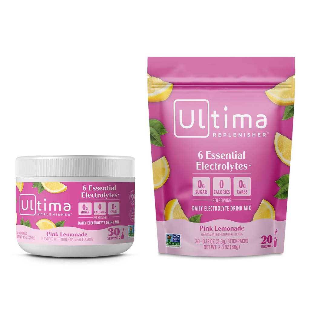 Ultima Replenisher Mélange de poudre d'électrolyte – Sans sucre – Cimonade rose, 30 boîtes de service et 20 sacs à bâton – 6 électrolytes et minéraux – Keto Friendly, Vegan, Non-OGM