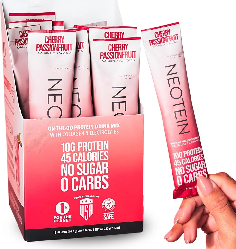 NEOTEIN: Elektrolyt-Pulver-Packets, Protein-Pulver mit 10g Protein & Collagen | Hydration Packets - Zero Sugar, NO Fillers, NO Carbs | Cherry Passionfruit | 45 Kalorien | Keto & Paleo | Pack von 15