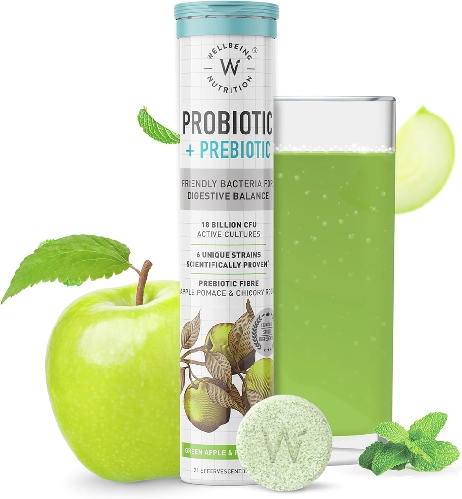 Wellbeing Nutrition Daily Probiotics + Prebiotics | Verbessern Metabolismus, Säureentlastung, Verdauung & Gut Gesundheit | 18 Billion CFU Organic Probiotics Supplement für Männer und Frauen (21 Effervescent Tabs)