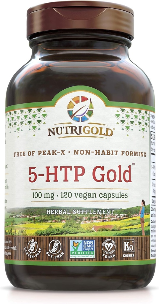 Nutrigold 5-htp 100mg, 120 Capsules végétariennes - L'extrait de 5-Htp pur standard d'or garanti sans pic nocive-x, Gmos et allergènes