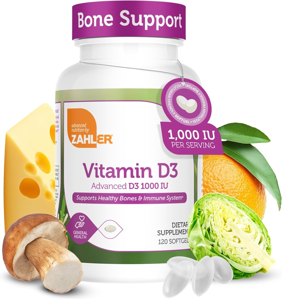 Zahler - Vitamina Avanzata D3 1000 IU Softgels (120 Count) Kosher Vitamina Per vegetariani Amichevole D per il supporto immunitario, Bone, denti &amp; salute del muscolo - Easy Swallow VIT D 3