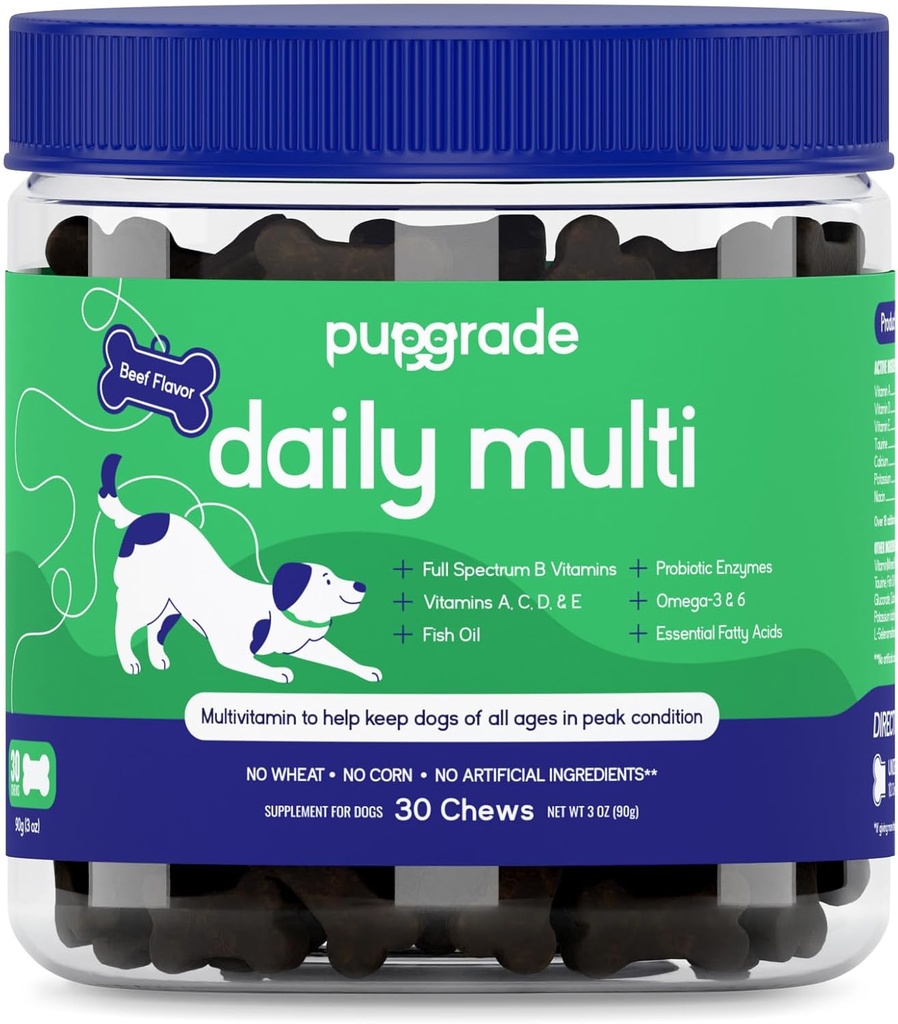 PupGrade Daily Multivitamin per cani - Integratore all-in-One per la salute digestiva, immunitaria, pelle e cappotto - 32 Nutrienti sani, enzimi probiotici, olio di pesce Omega, vitamine A, C, D & E - 30 Soft Chews