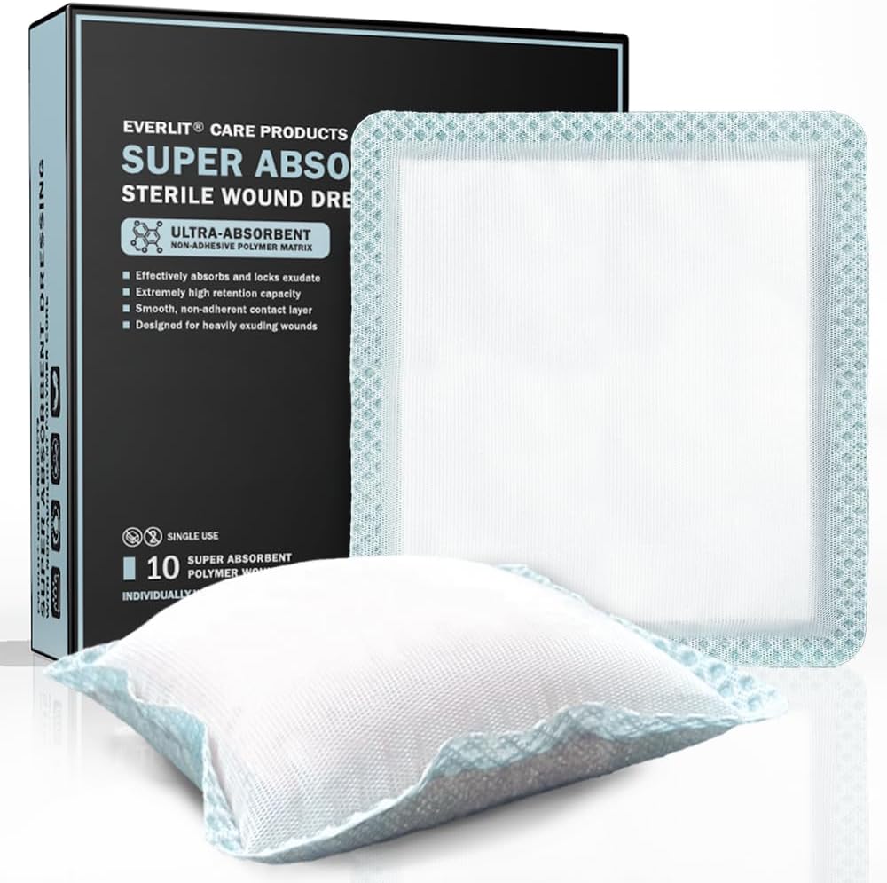 EVERLIT Vestito super assorbente per la cura del dolore | Cuscinetto antiaderente morbido per le ferite pesanti | Bandage non adesivo grande sterile per la cura rapida del guanto di guarigione | Confezione da 10 (6" x 6")
