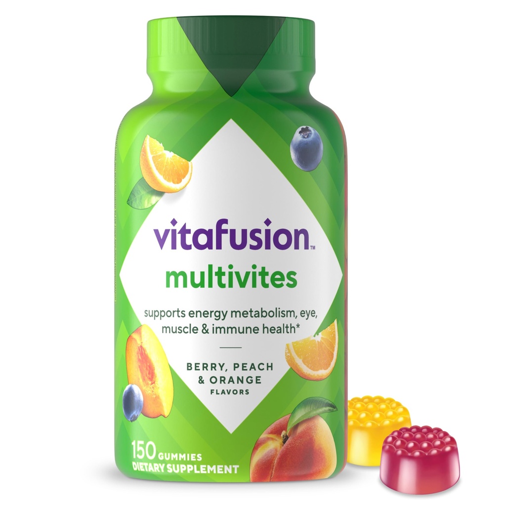 Vitafusion MultiVites Gummy Multivitamins per adulti con 12 vitamine e minerali, bacche, pesca e arancione aromatizzato, America's Numero 1 Gummy Vitamin Brand, 75 Day Supply, 150 Conte