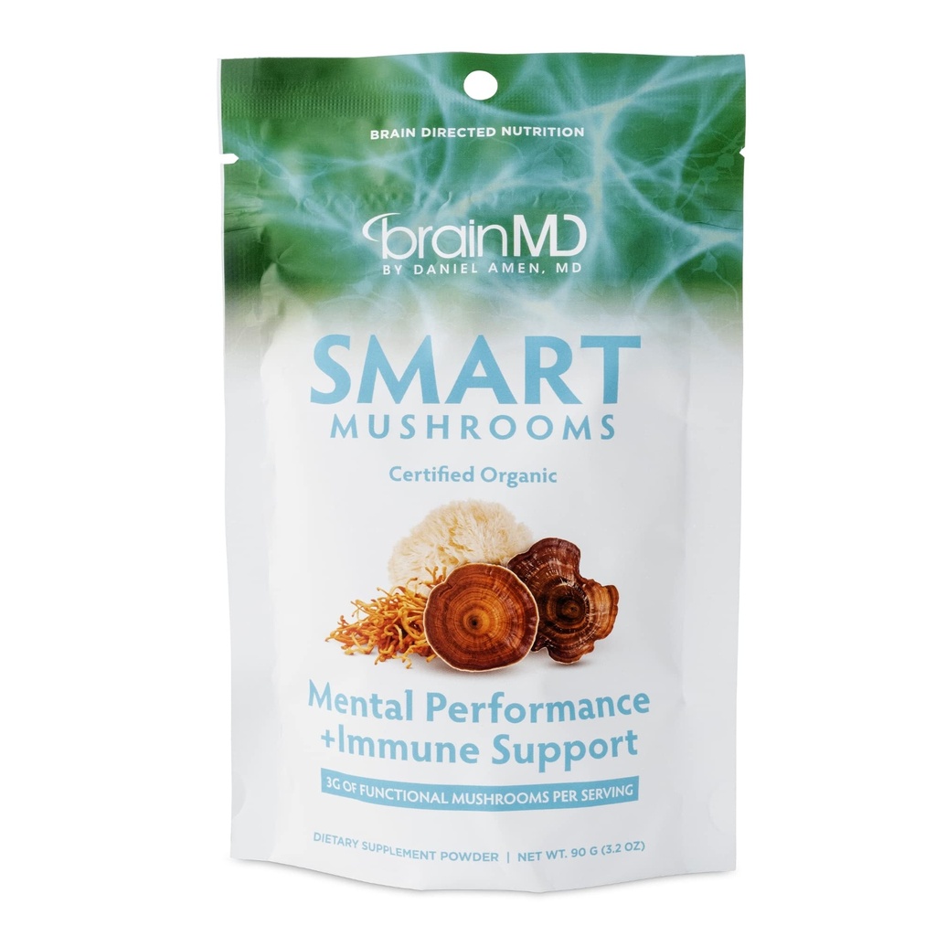 BRAINMD Dr Amen Smart Mushrooms - 3.2 oz - Mental Performance + Supporto immunitario - Vegan, GMO Free, Gluten Free - 30 Serve
